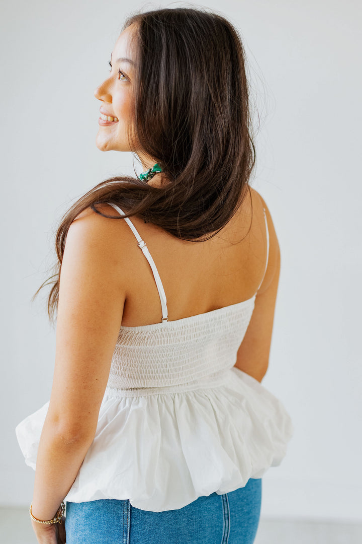 WHITE POPLIN BUBBLE HEM TOP