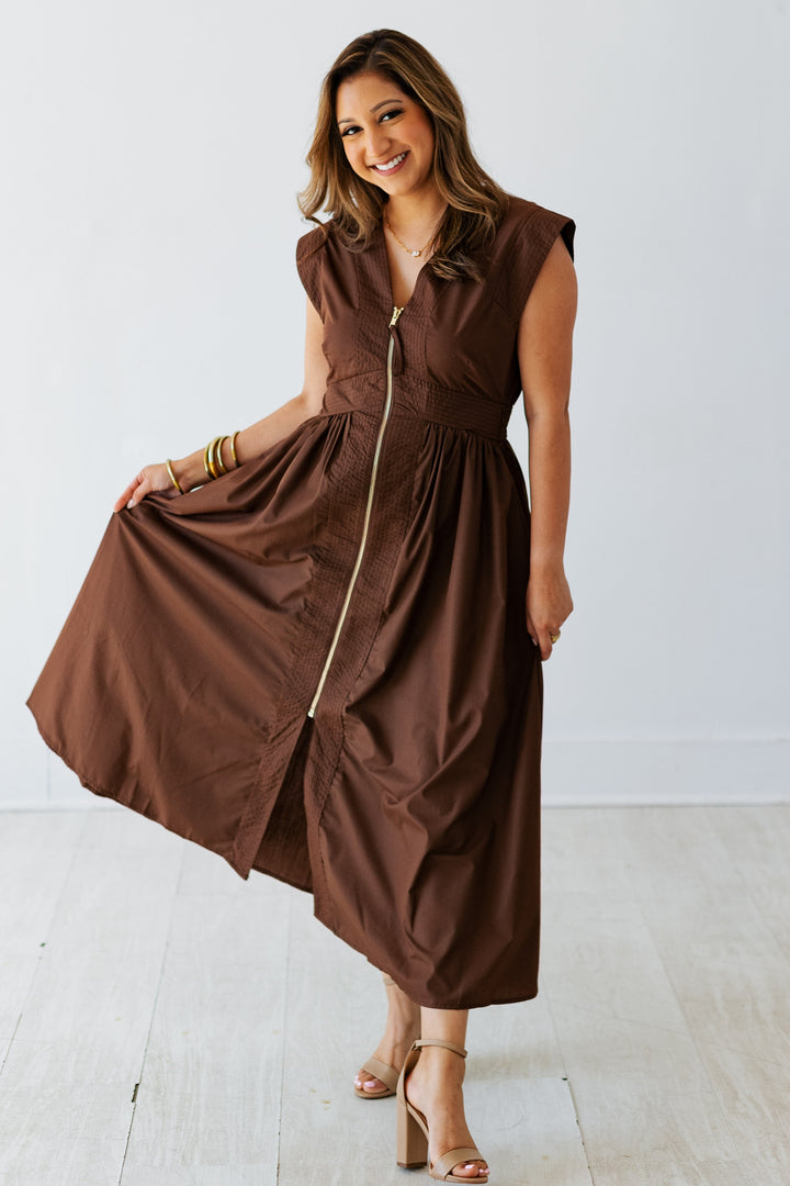 BROWN ZIP UP MIDI DRESS