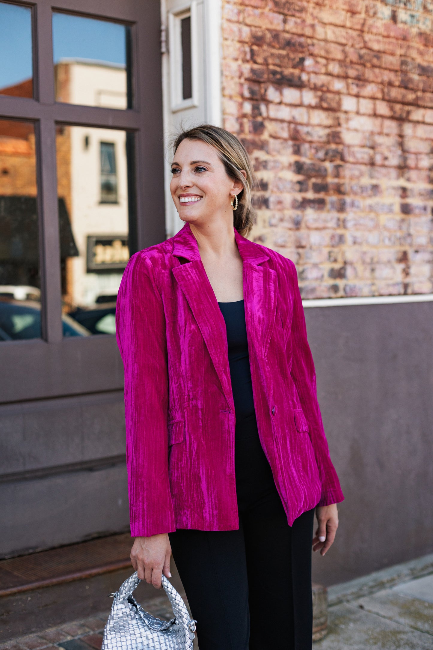 AMELIA CRINKLE VELVET BLAZER HOT PINK