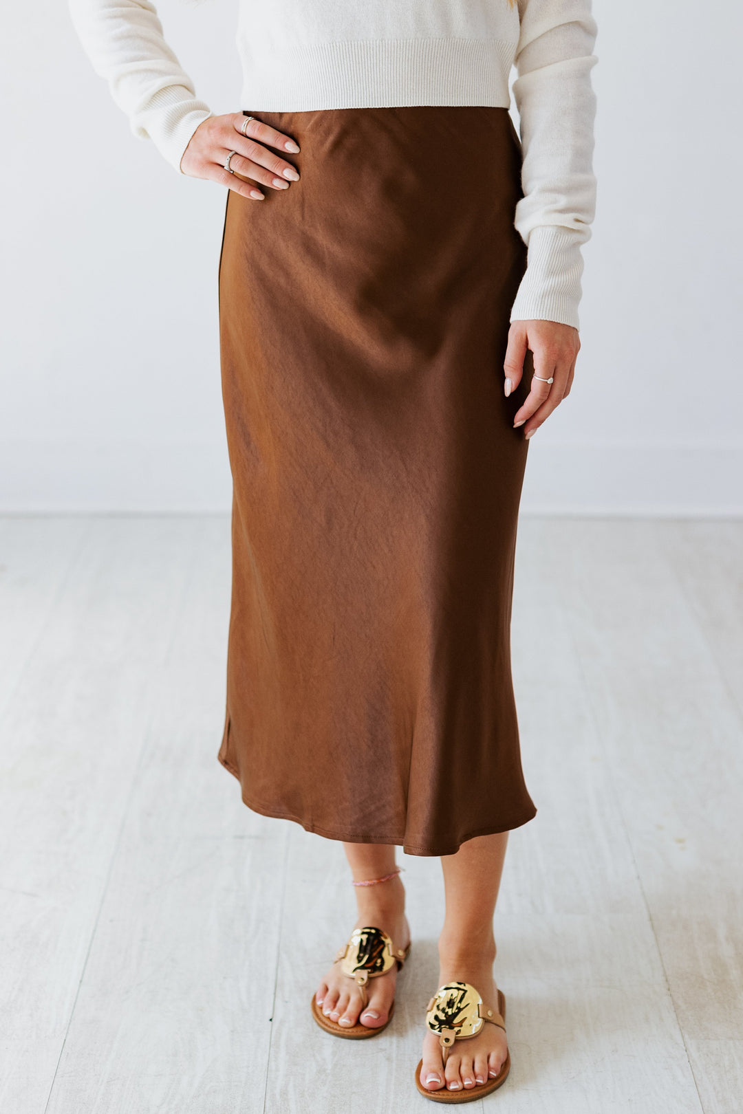 COCOA BROWN MIDI SATIN SKIRT