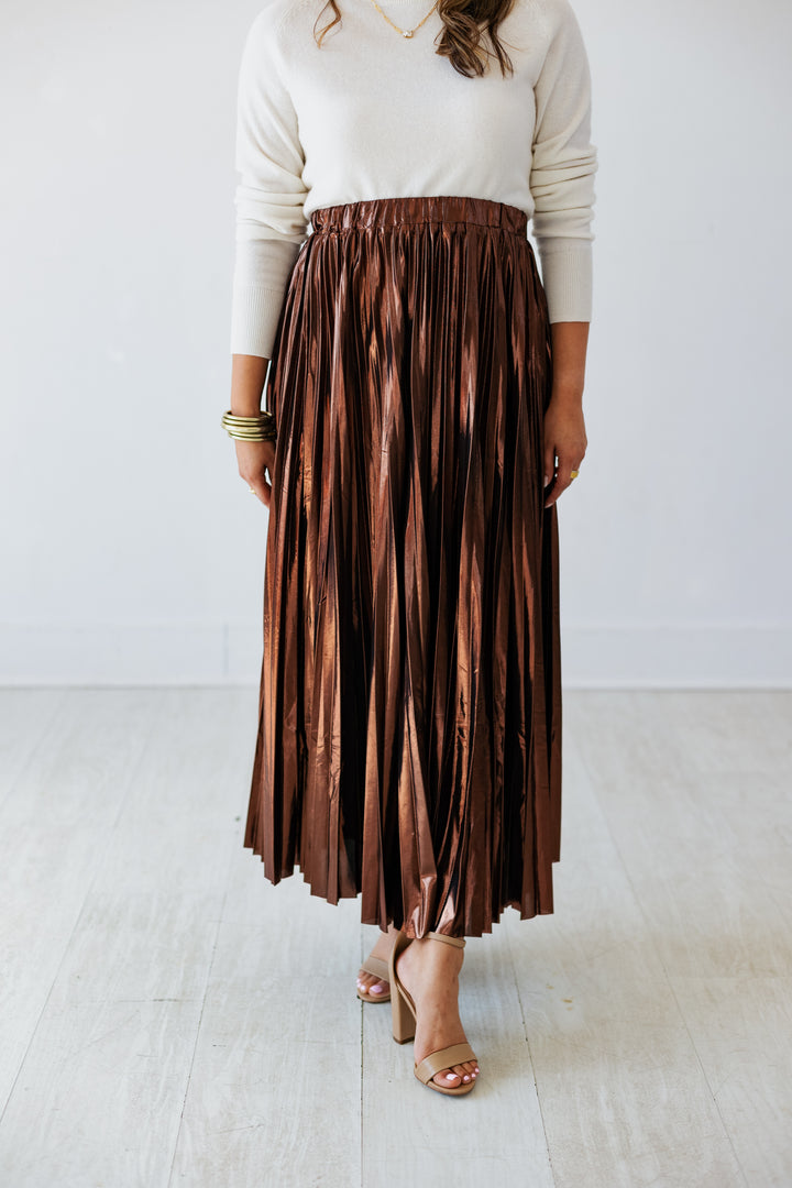 CHOCOLATE METALLIC PLEATED MIDI SKIRT
