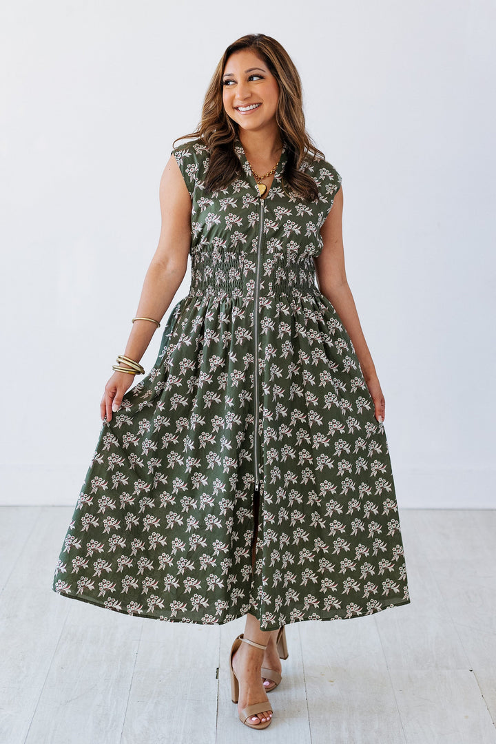 OLIVE FLORAL ZIP UP MIDI DRESS