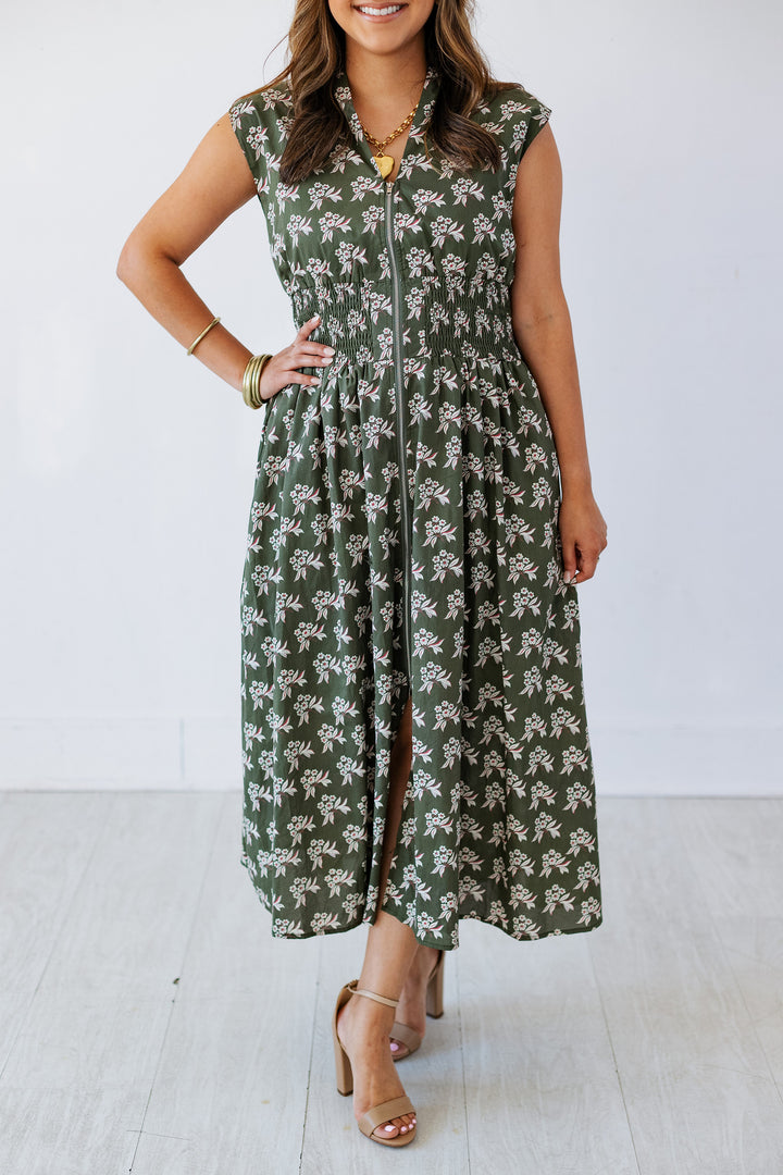 OLIVE FLORAL ZIP UP MIDI DRESS