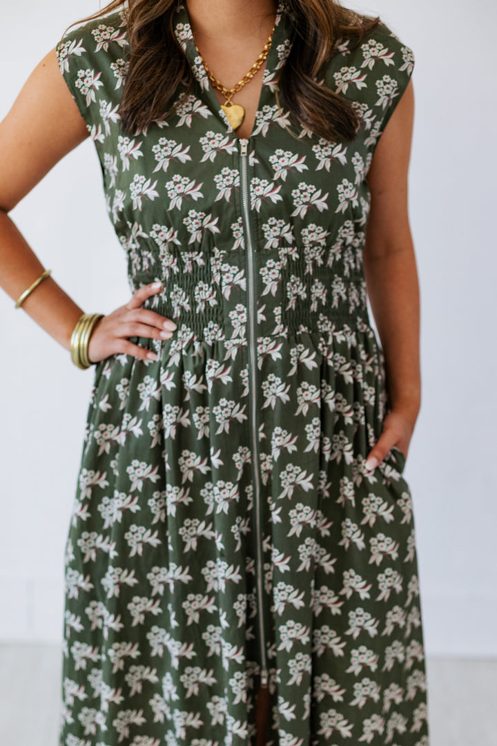OLIVE FLORAL ZIP UP MIDI DRESS