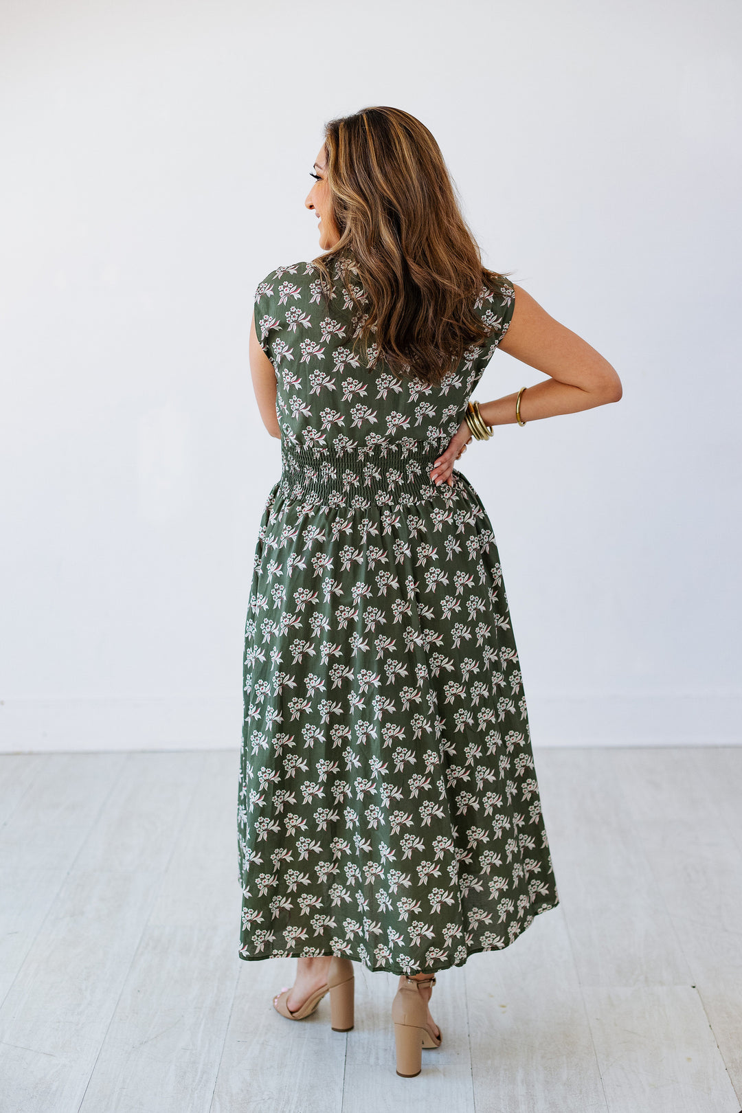 OLIVE FLORAL ZIP UP MIDI DRESS
