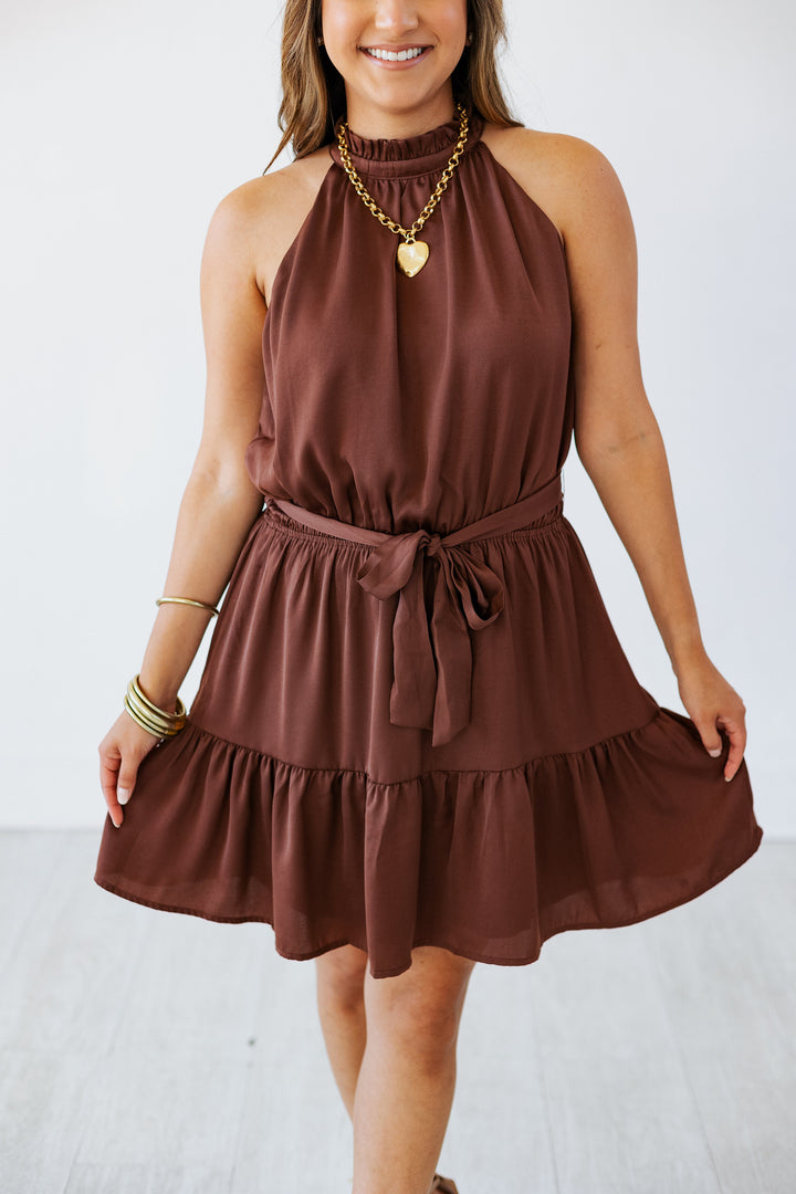 CHOCOLATE SATIN HALTER MINI DRESS