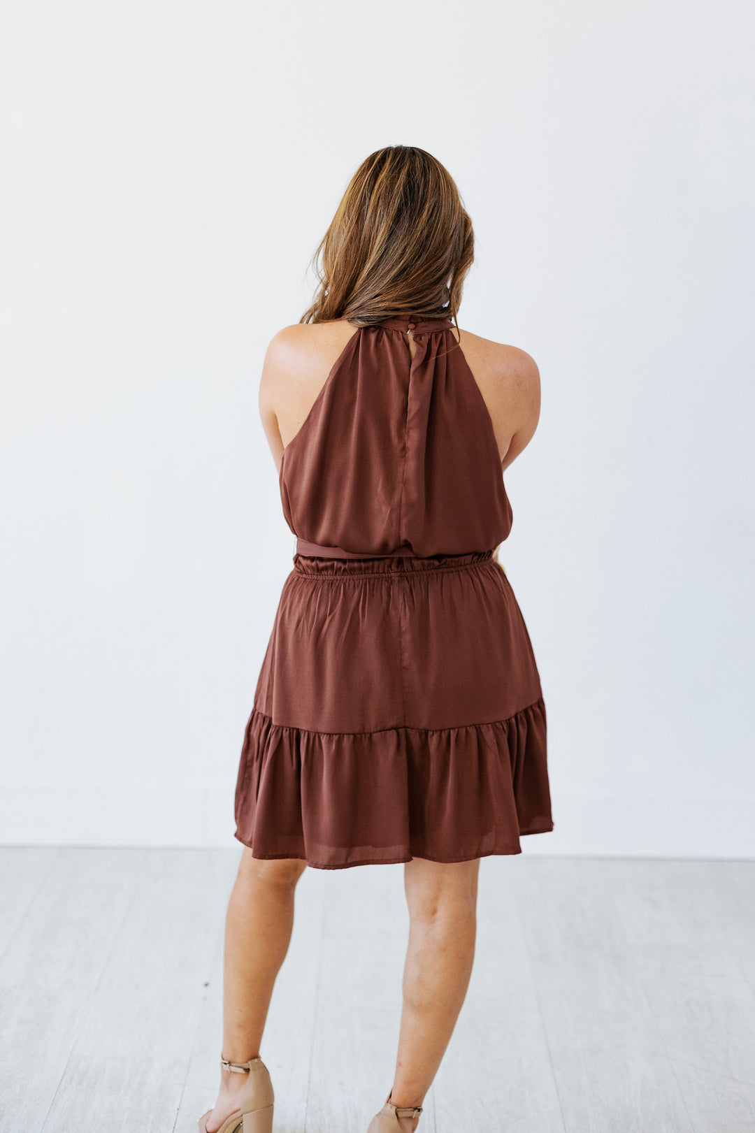 CHOCOLATE SATIN HALTER MINI DRESS