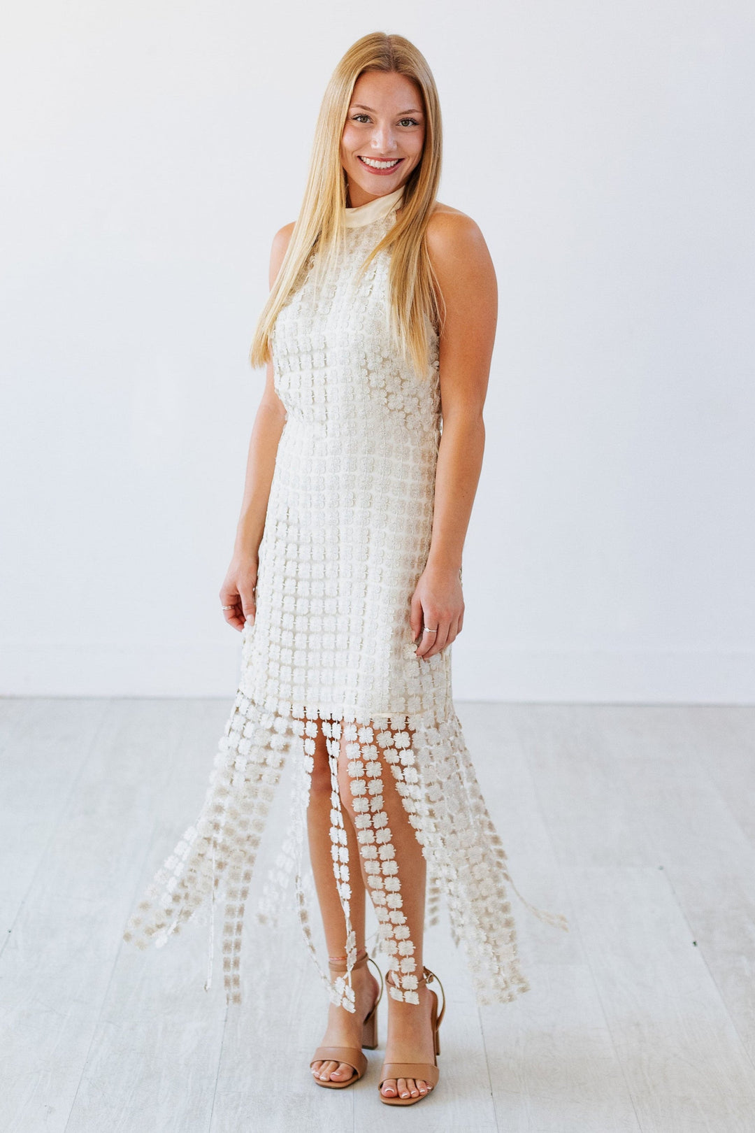 CHAMPAGNE DREAMS FRINGE DETAIL DRESS