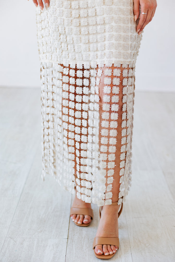 CHAMPAGNE DREAMS FRINGE DETAIL DRESS