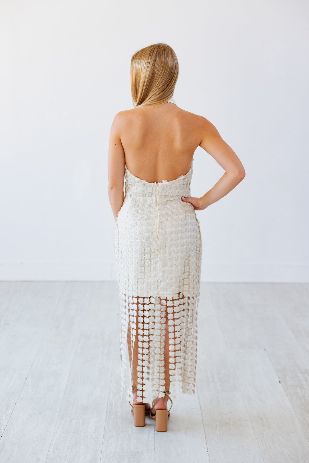 CHAMPAGNE DREAMS FRINGE DETAIL DRESS