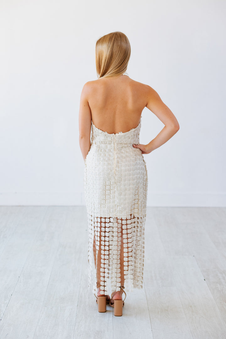 CHAMPAGNE DREAMS FRINGE DETAIL DRESS