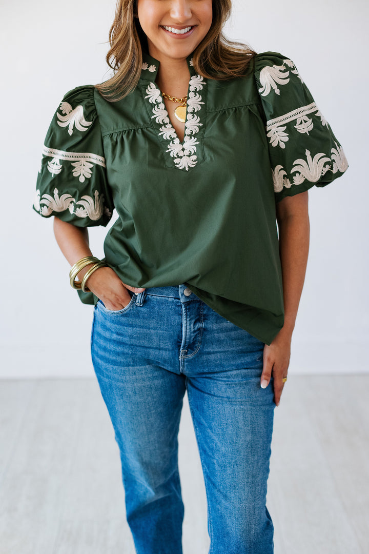 DARK GREEN EMBROIDERED SLEEVE TOP