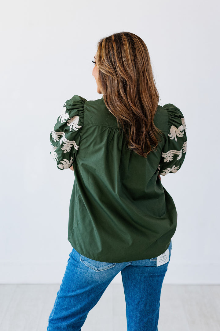 DARK GREEN EMBROIDERED SLEEVE TOP