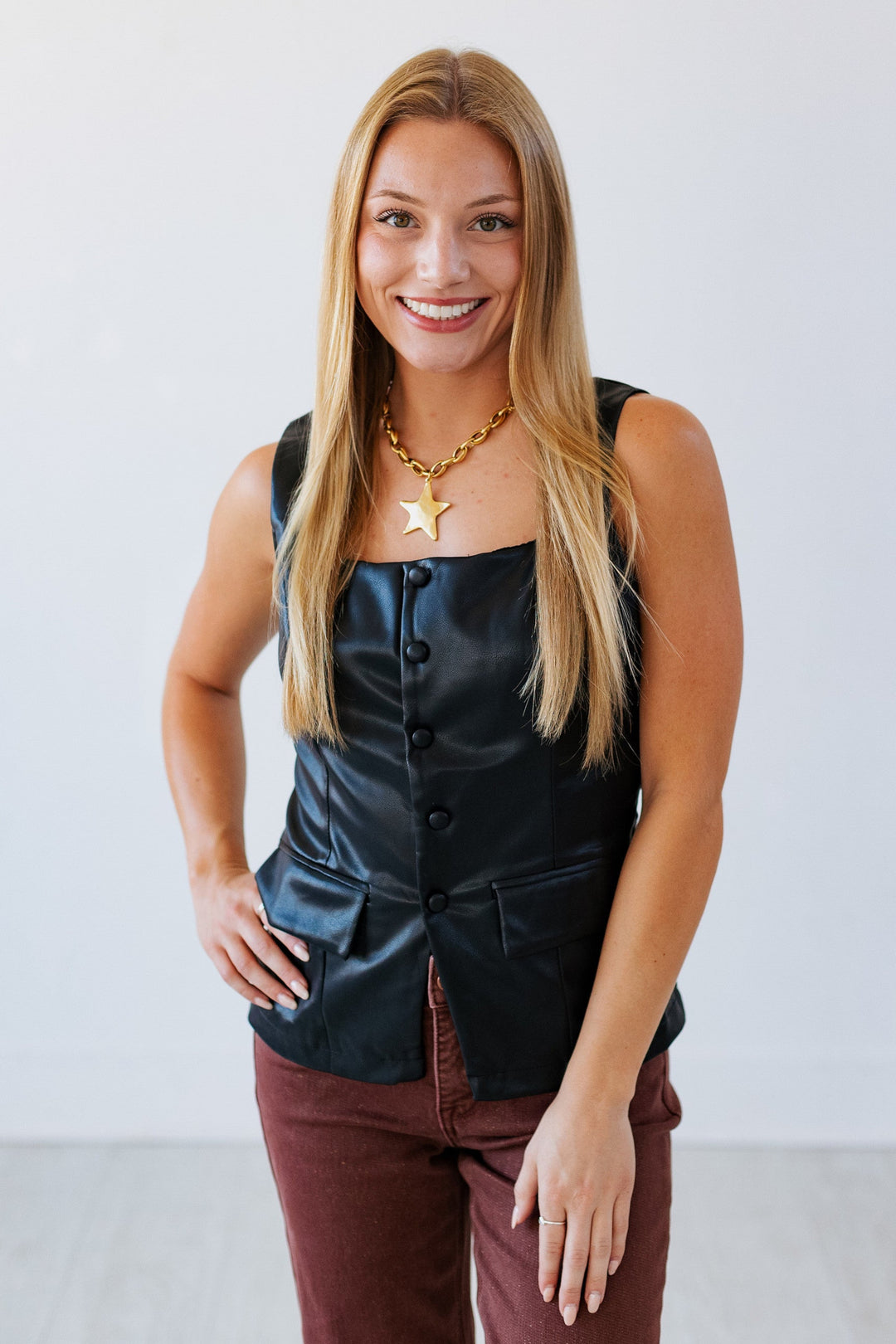 BLACK FAUX LEATHER BUTTON UP VEST