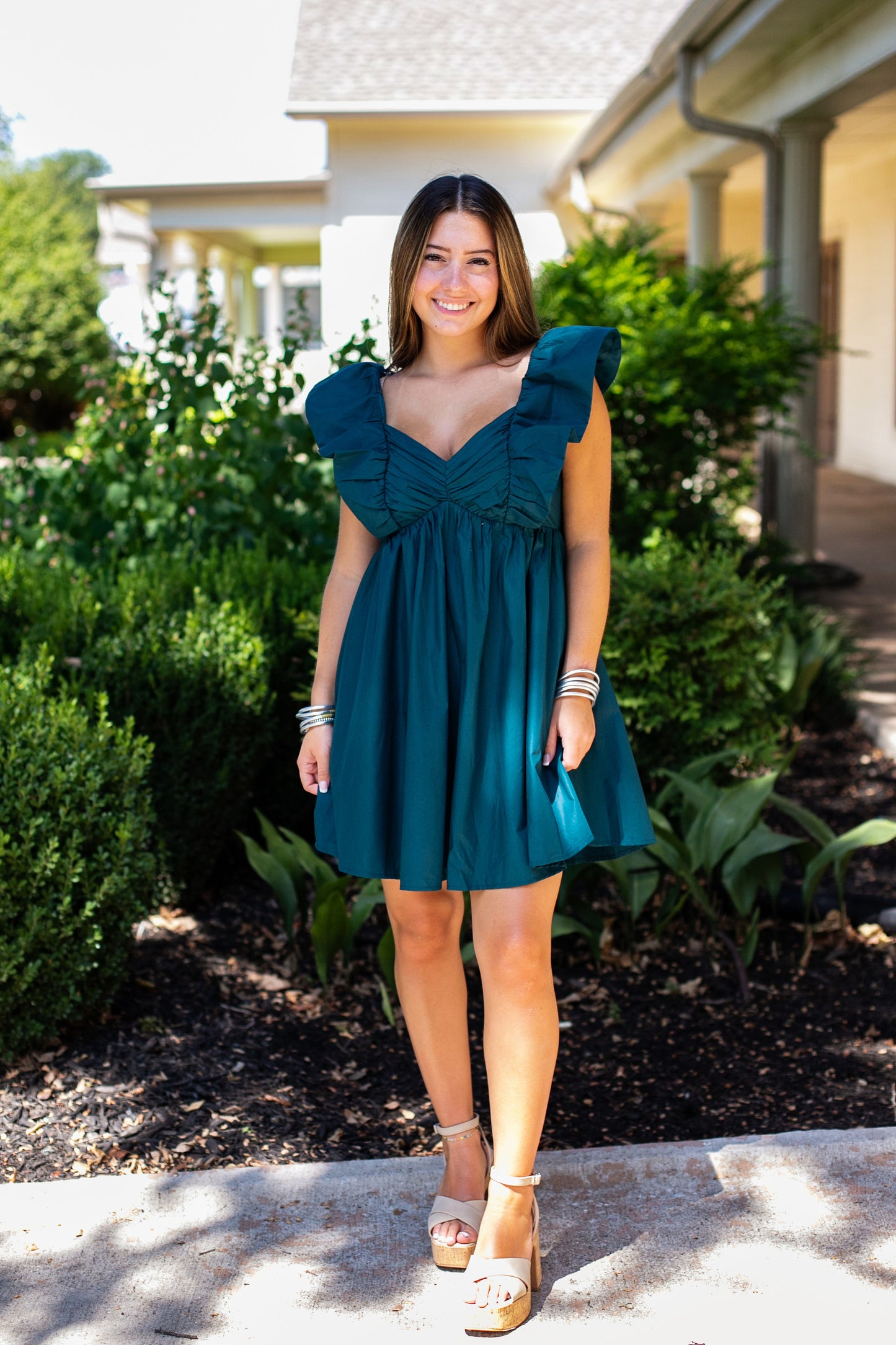 RUFFLE SLEEVE MINI DRESS: HUNTER GREEN