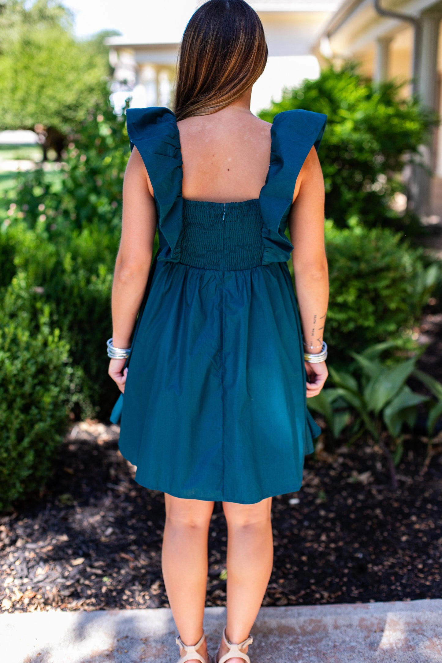 RUFFLE SLEEVE MINI DRESS: HUNTER GREEN