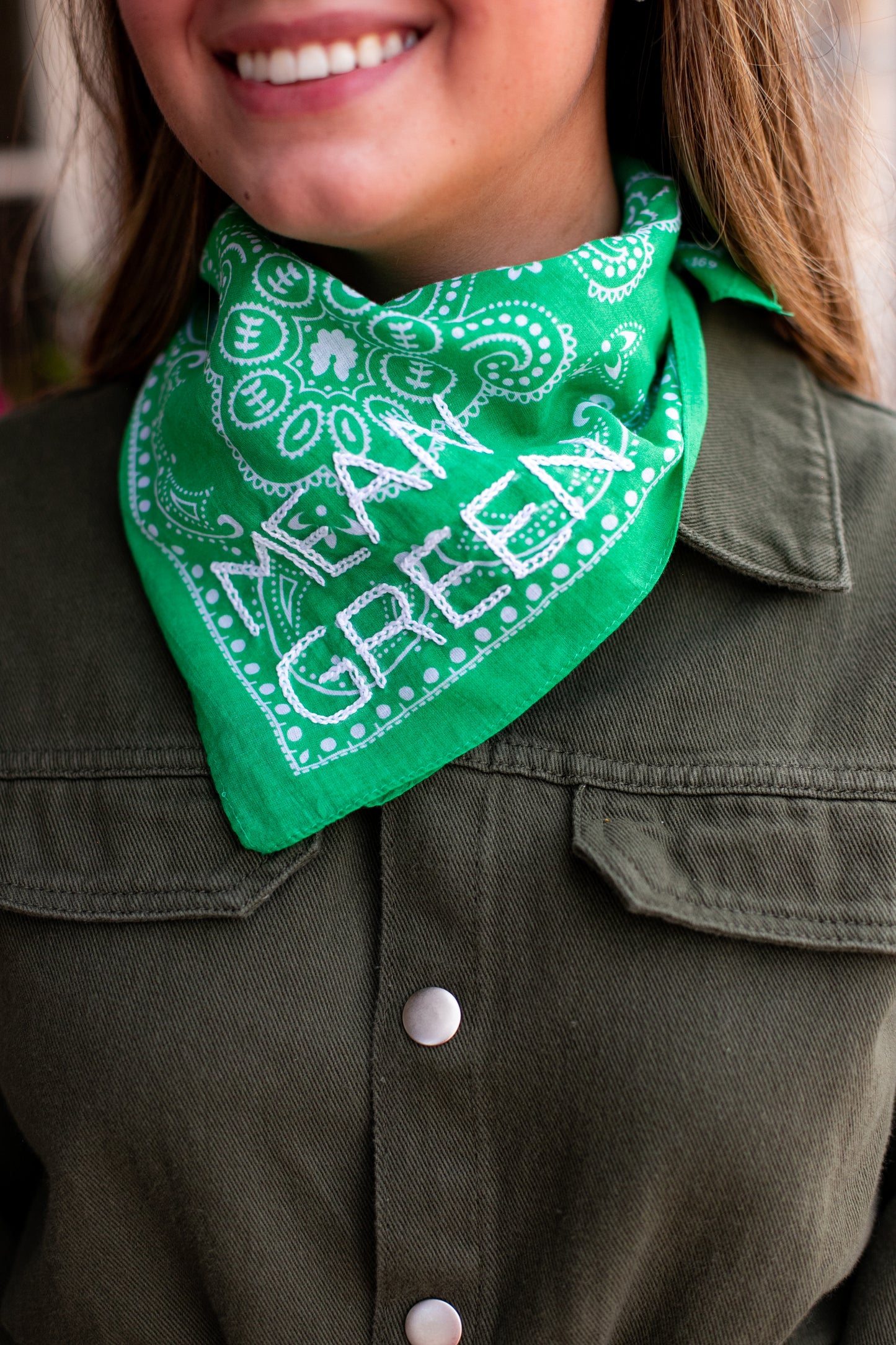 HAND EMBROIDERED GAME DAY BANDANA: MEAN GREEN
