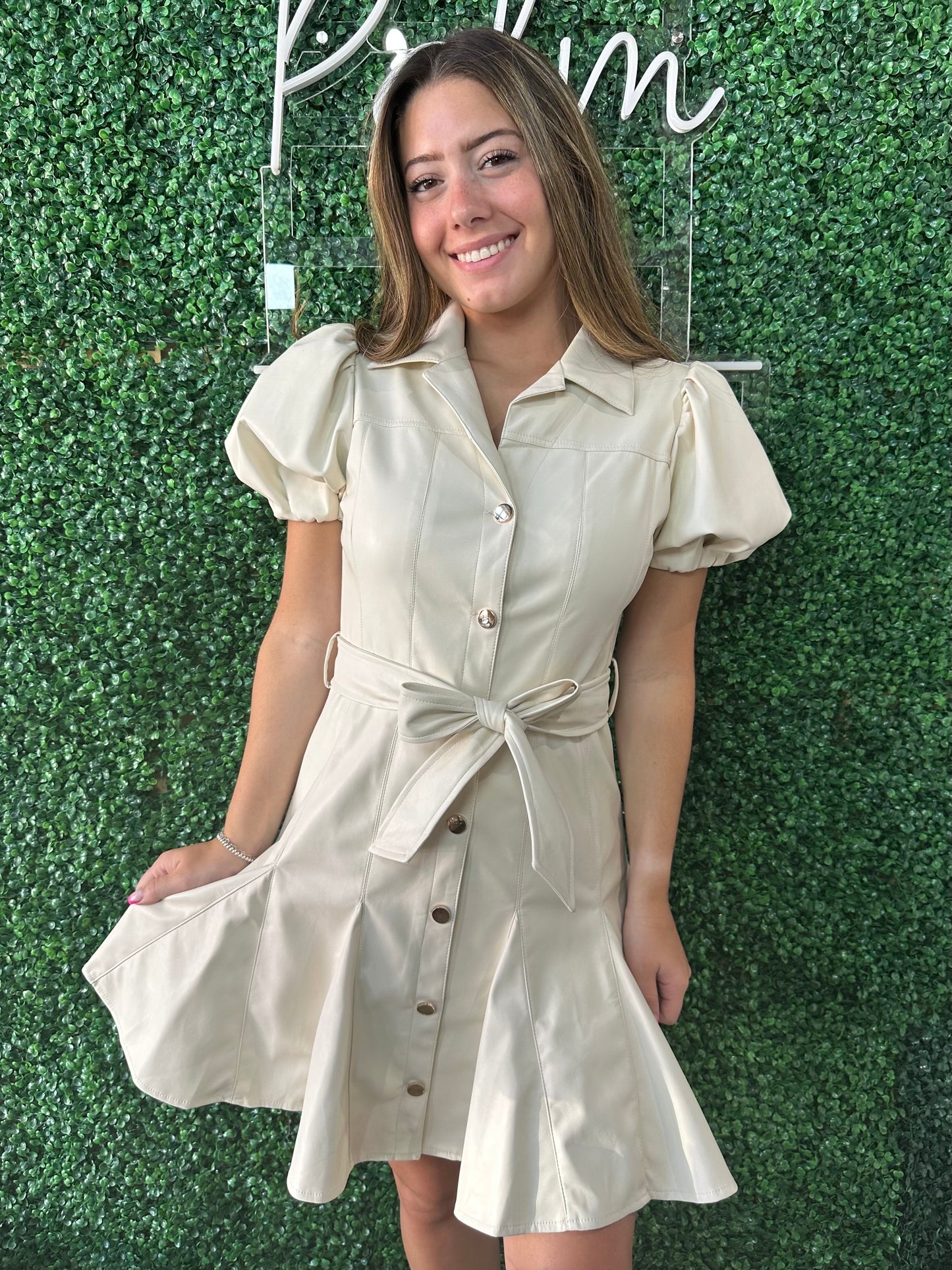 Ivory Vegan Leather Button Up Dress