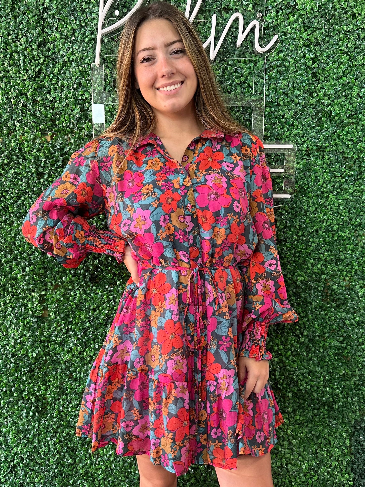Fuschia/ Teal Floral Print Tie Dress