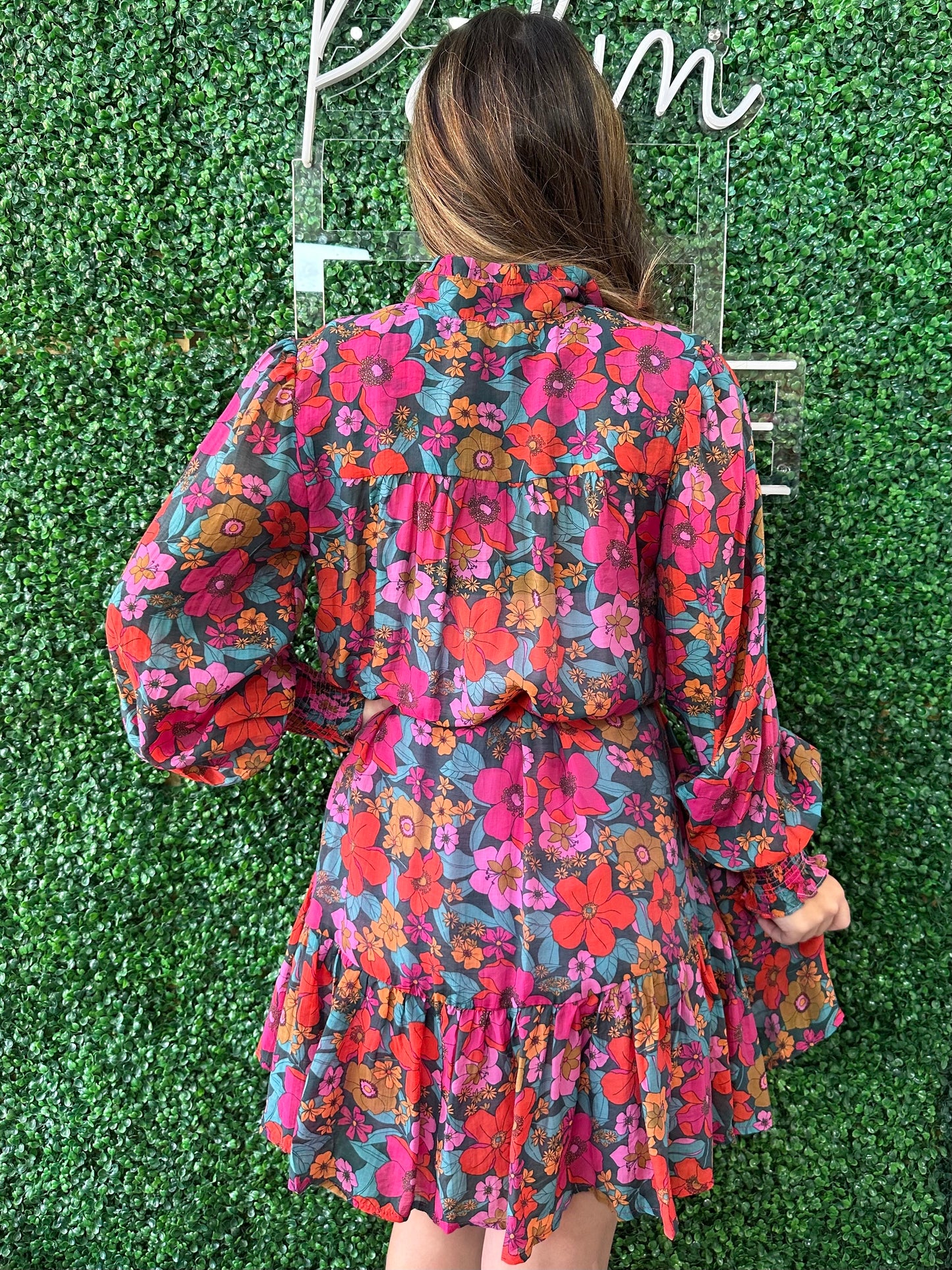 Fuschia/ Teal Floral Print Tie Dress