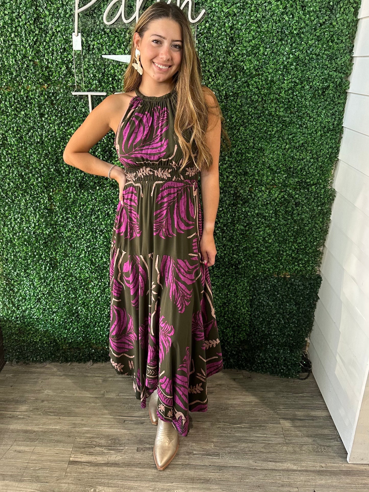 Olive/ Fuschia Handkerchief Hem Dress