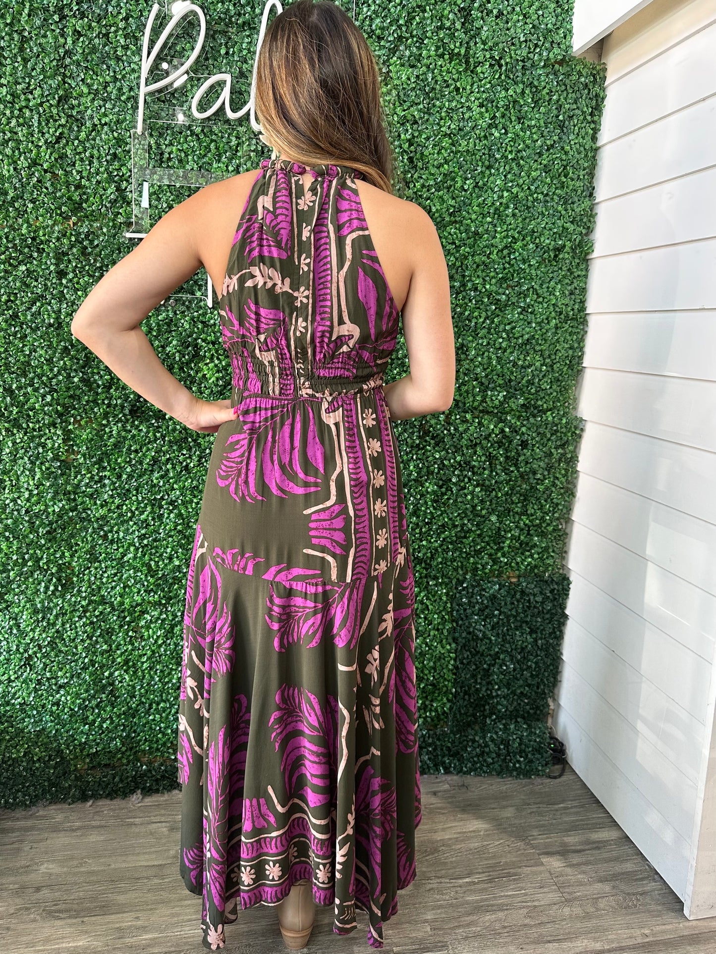 Olive/ Fuschia Handkerchief Hem Dress