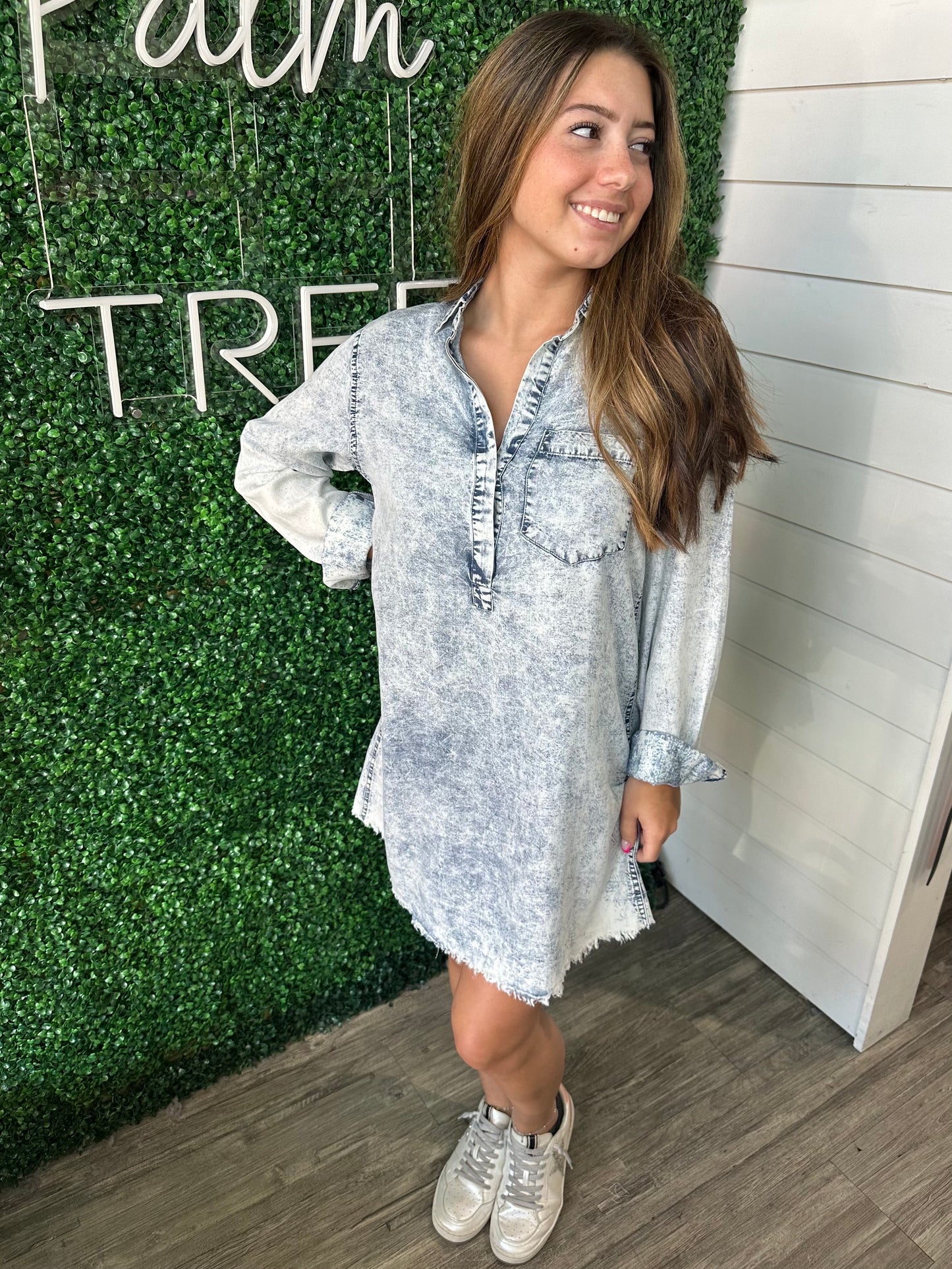 Long Sleeve Shirtdress in Washed Denim