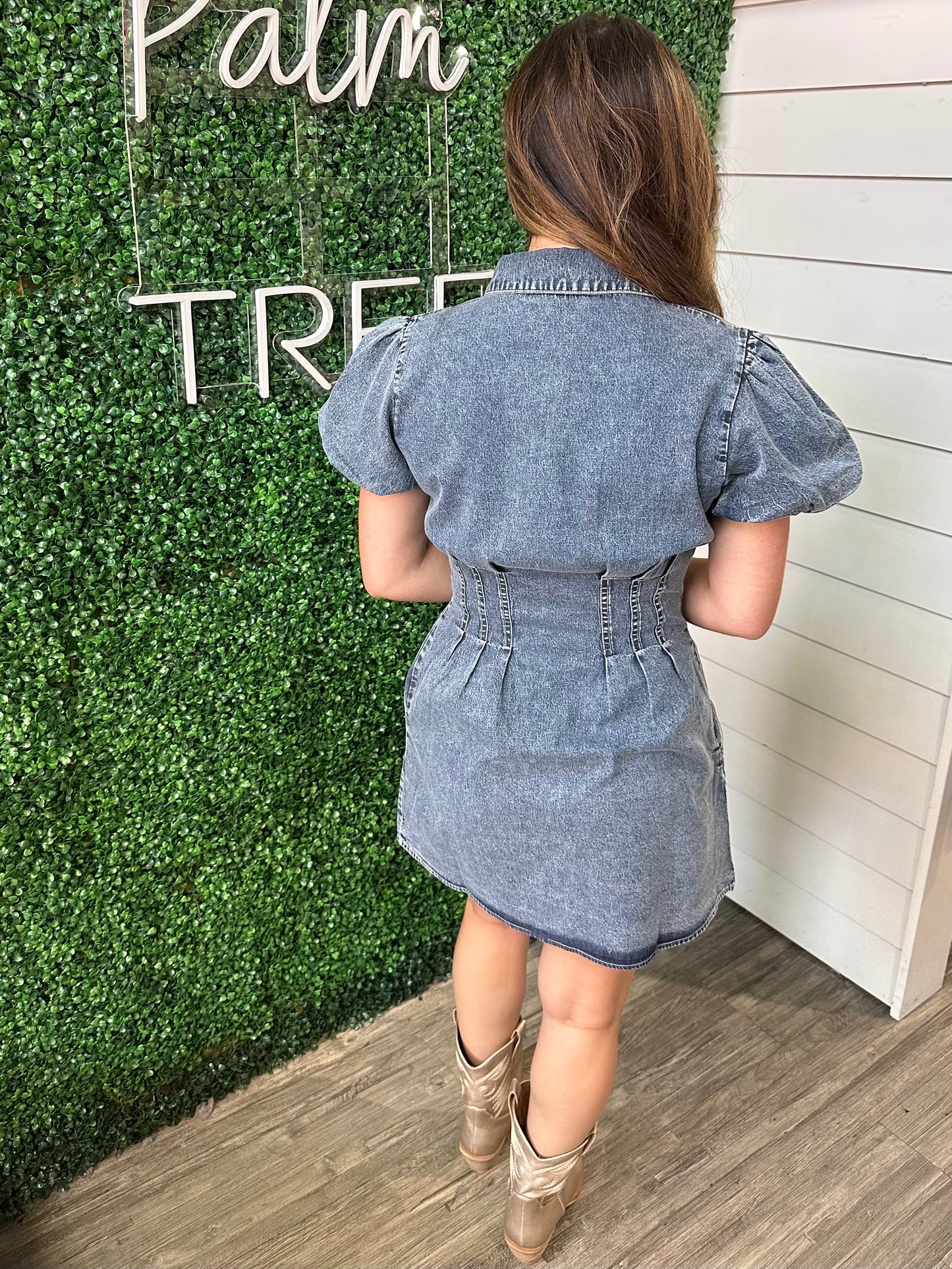 Puff Sleeve Denim Button Dress