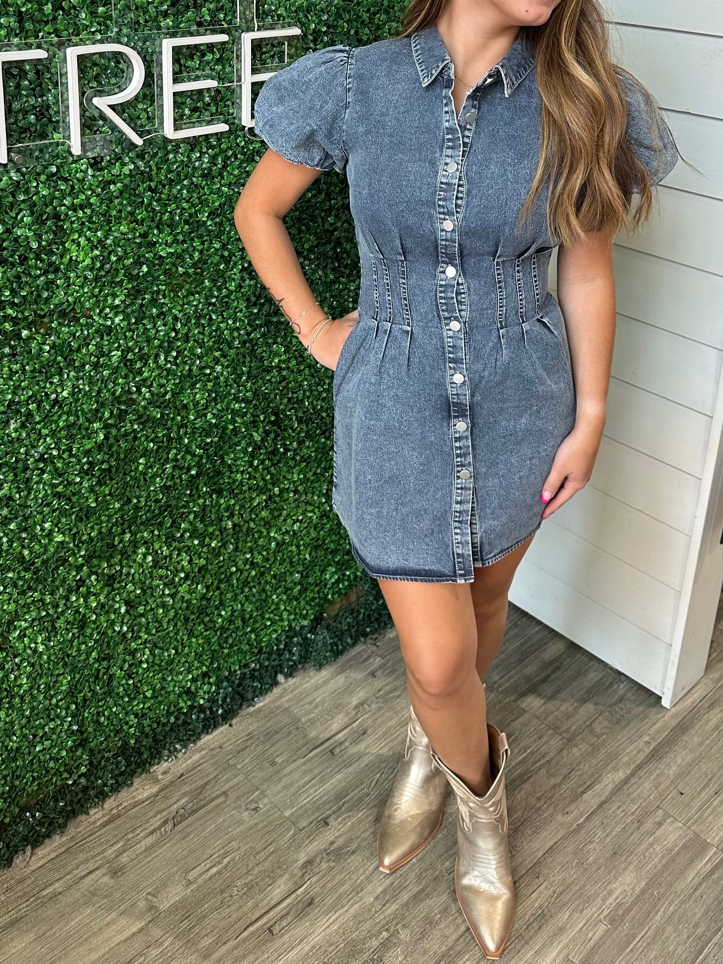 Puff Sleeve Denim Button Dress