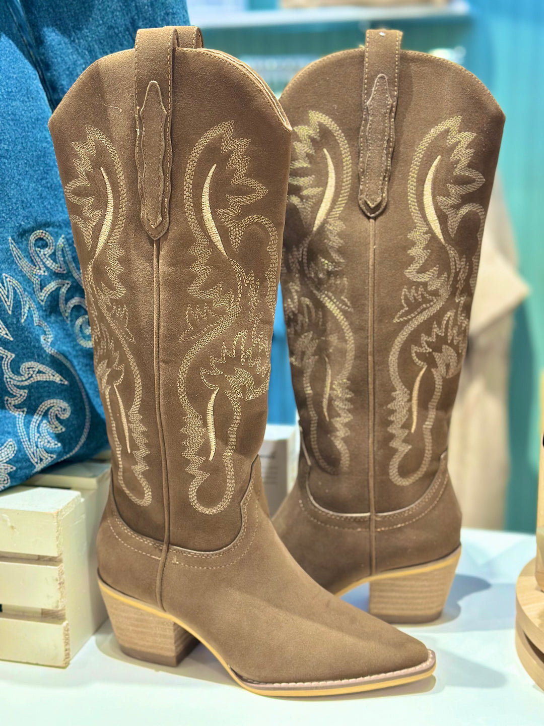 BROWN SUEDE WESTERN CALF HIGH BOOTS