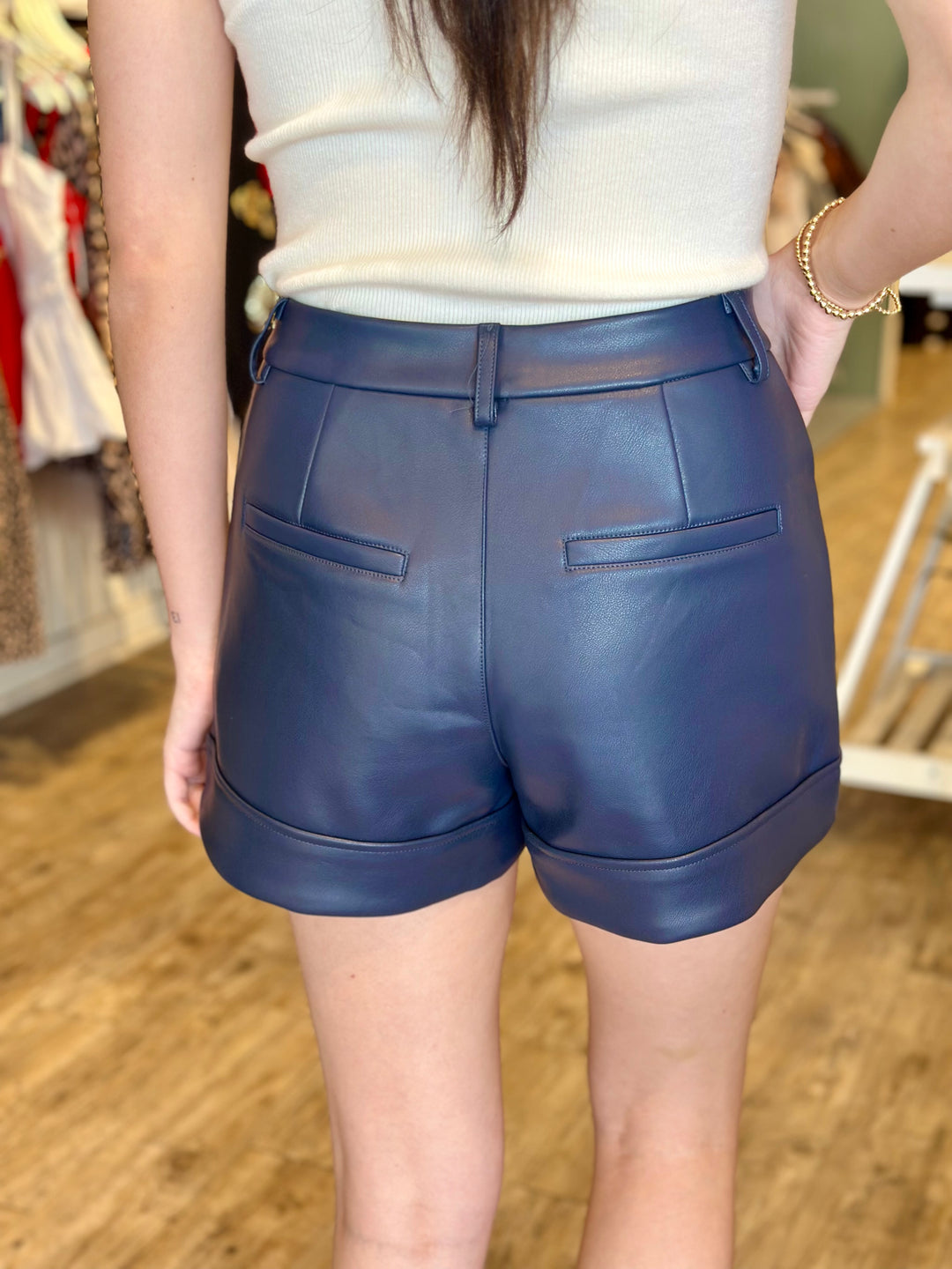 NAVY FAUX LEATHER SHORT