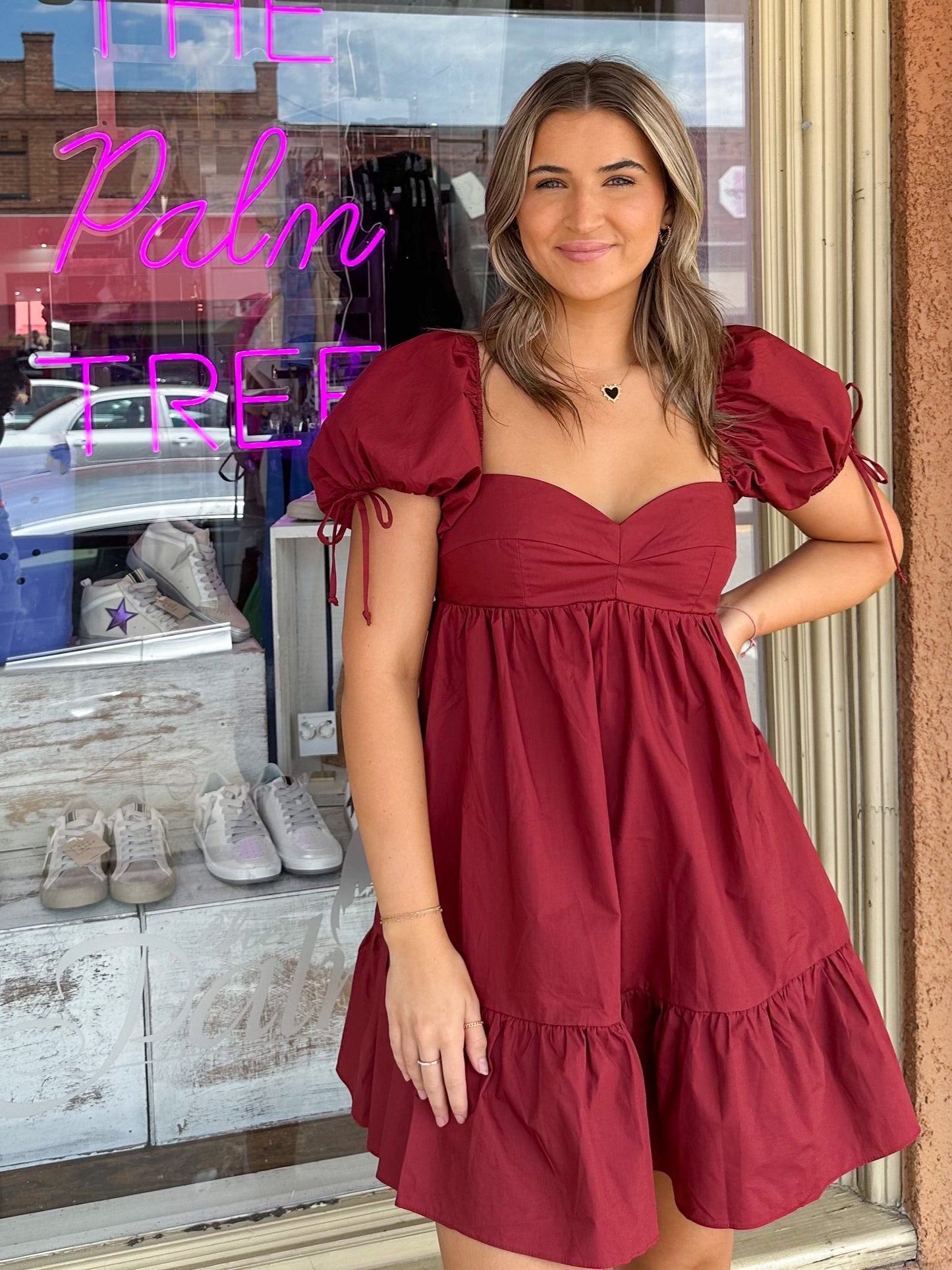 Babydoll Tie Sleeve Dress: Berry