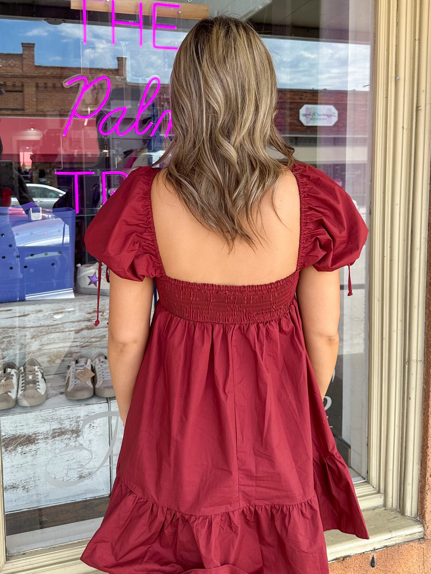 Babydoll Tie Sleeve Dress: Berry