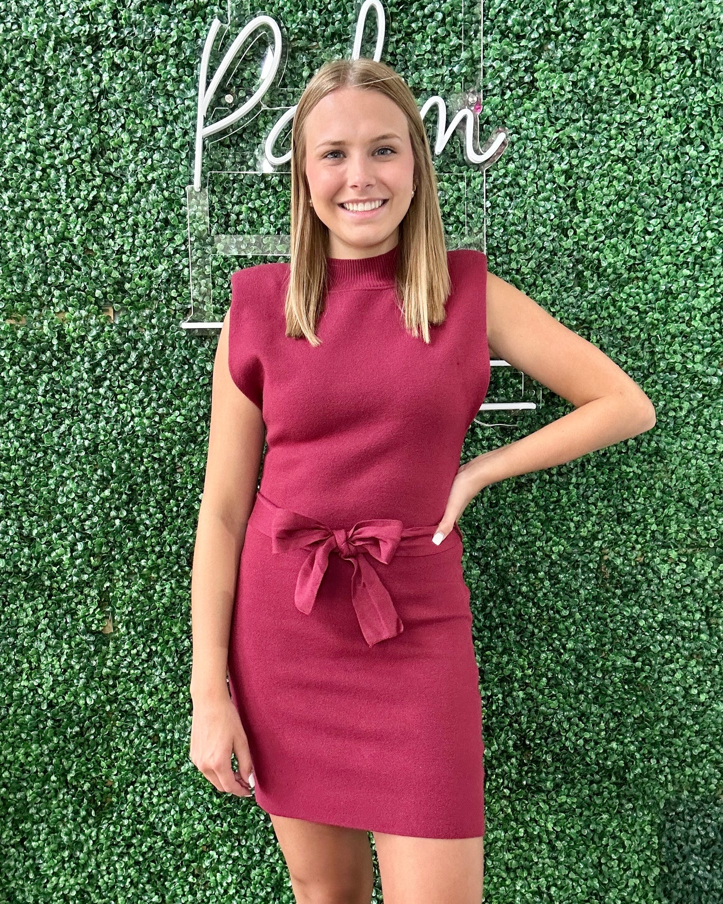 Power Shoulder Sweater Dress in Berry