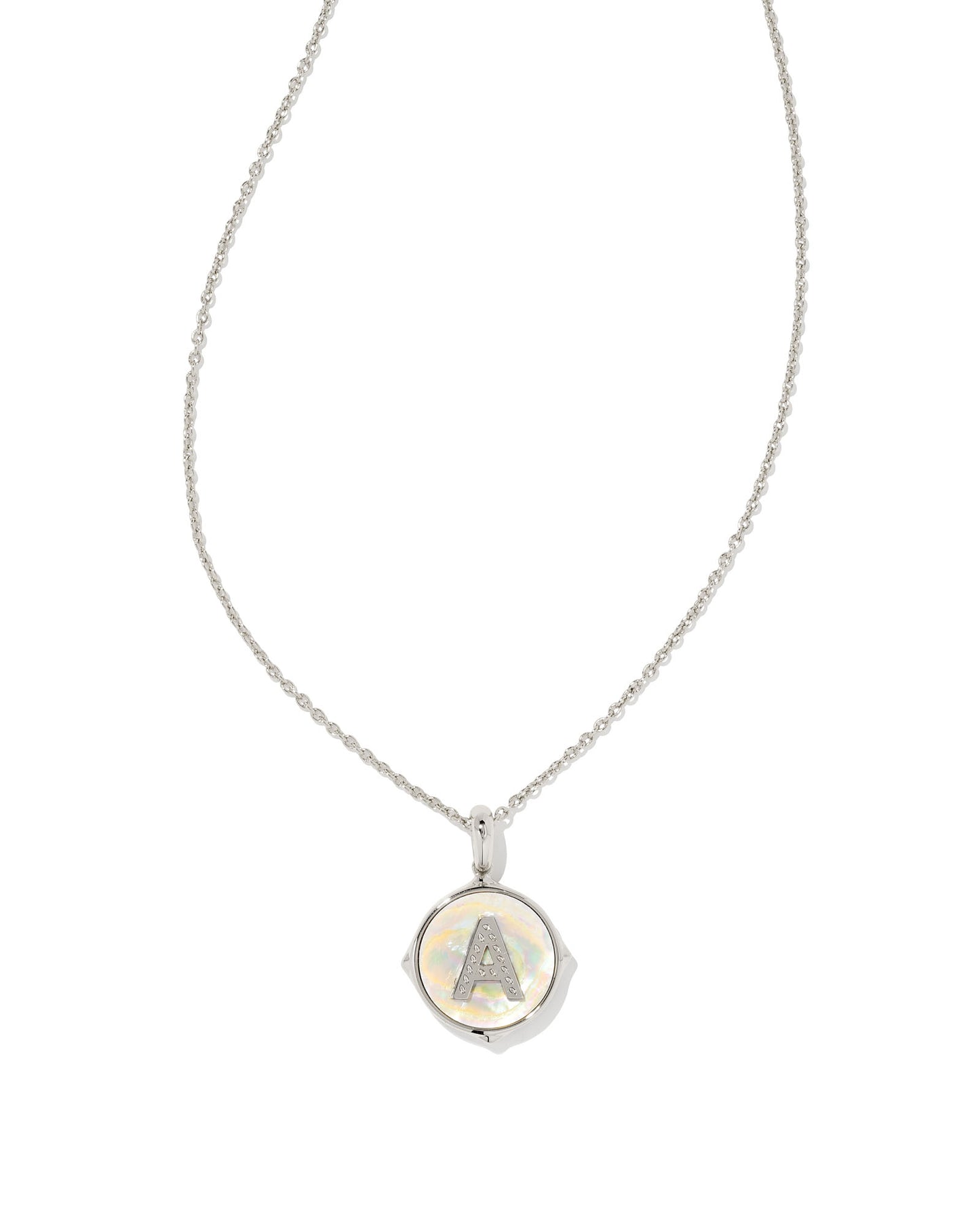 KENDRA SCOTT: Letter Disc Pendant Necklace in Rhodium/Iridescent Abalone