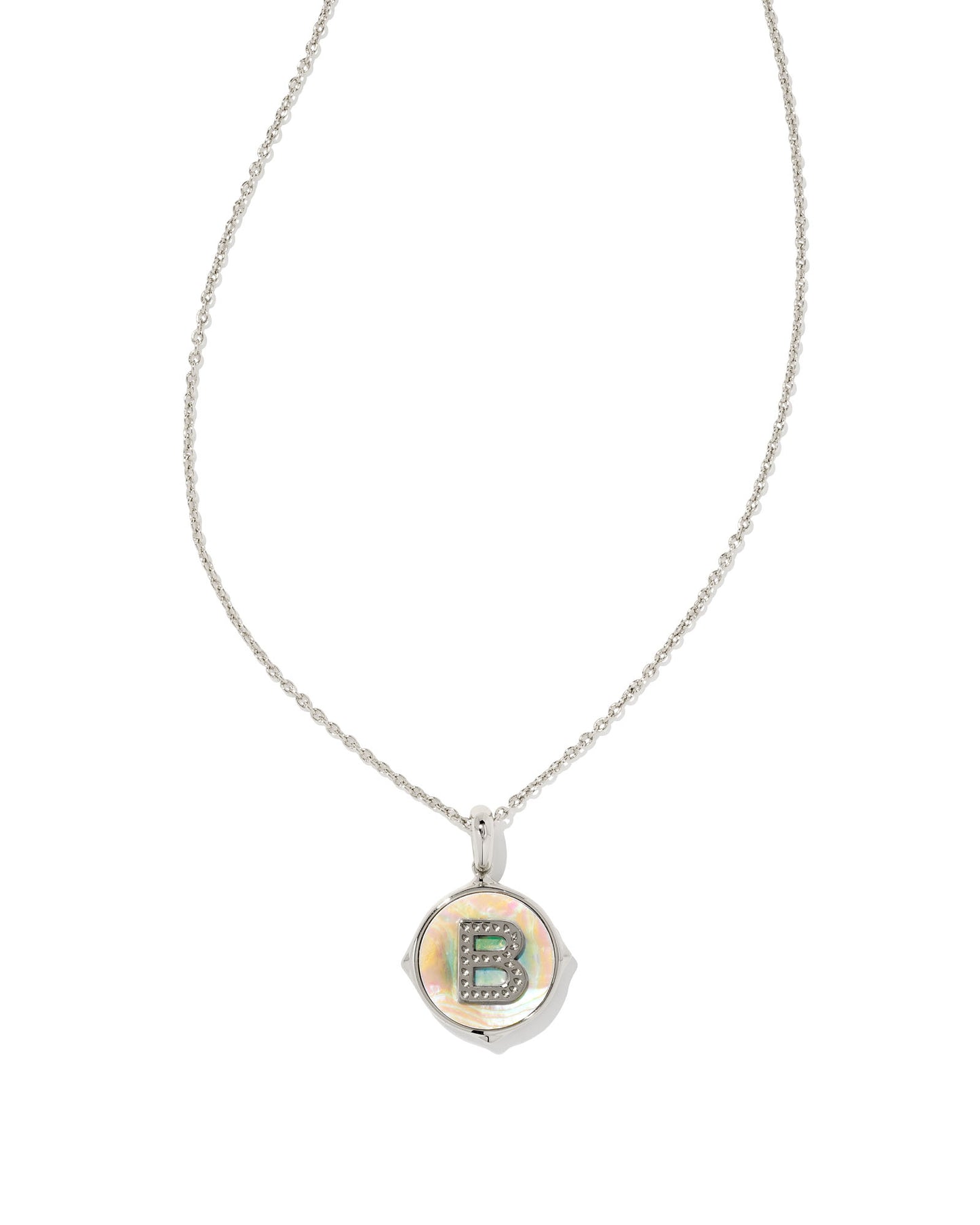 KENDRA SCOTT: Letter Disc Pendant Necklace in Rhodium/Iridescent Abalone