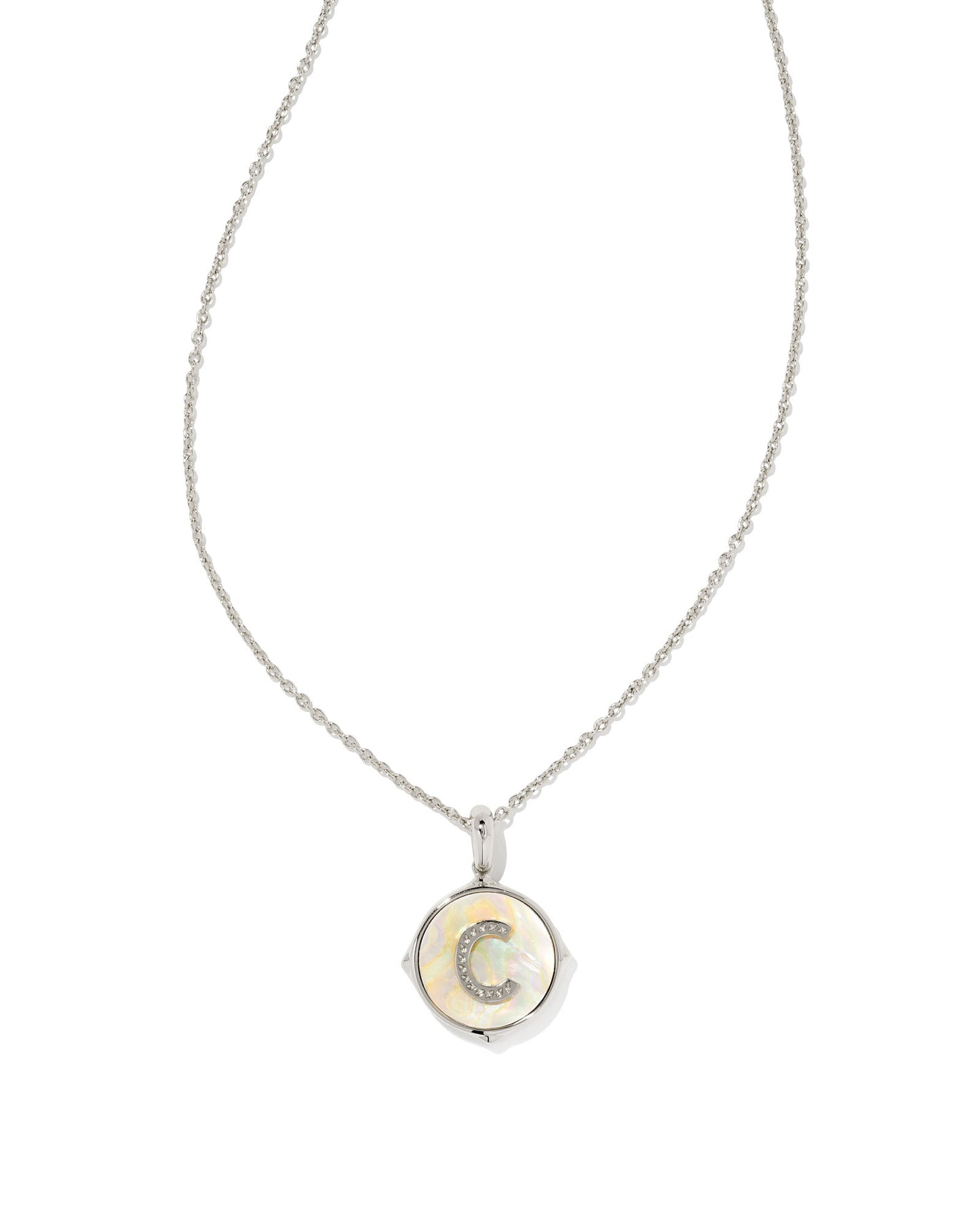 KENDRA SCOTT: Letter Disc Pendant Necklace in Rhodium/Iridescent Abalone