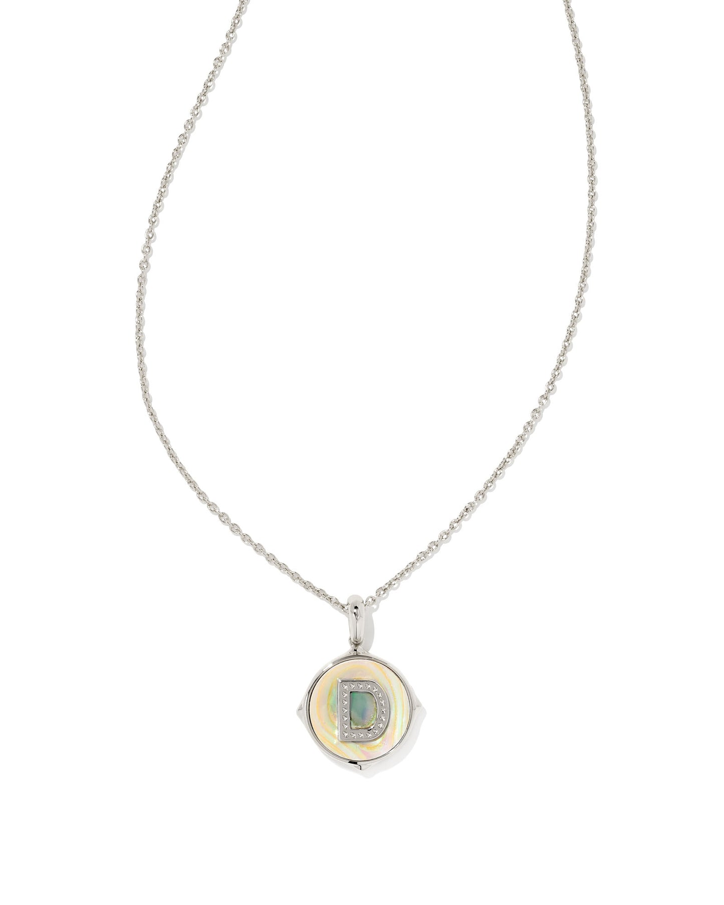 KENDRA SCOTT: Letter Disc Pendant Necklace in Rhodium/Iridescent Abalone