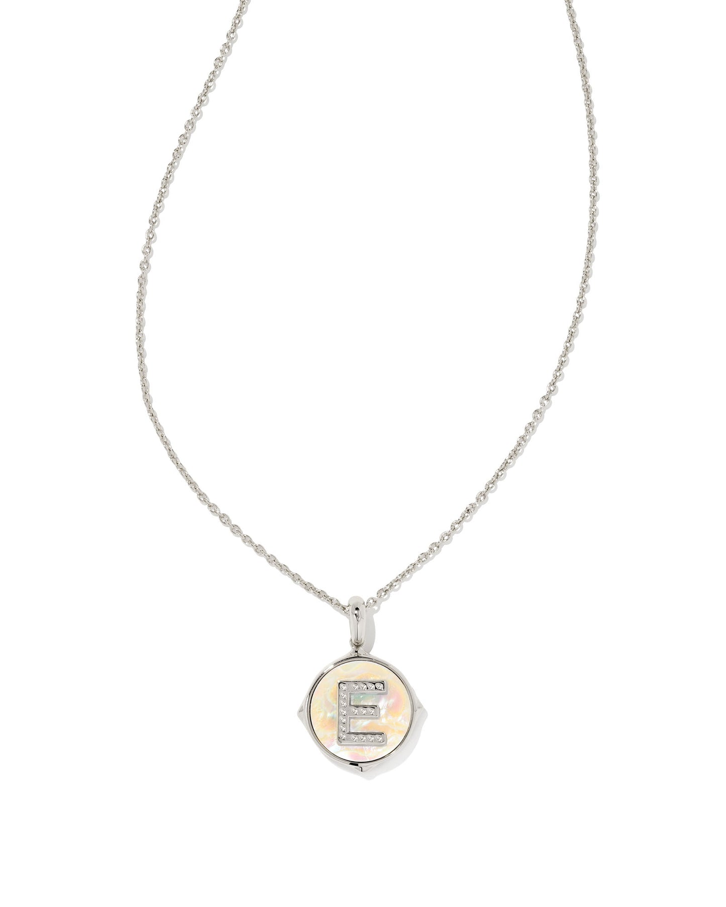 KENDRA SCOTT: Letter Disc Pendant Necklace in Rhodium/Iridescent Abalone