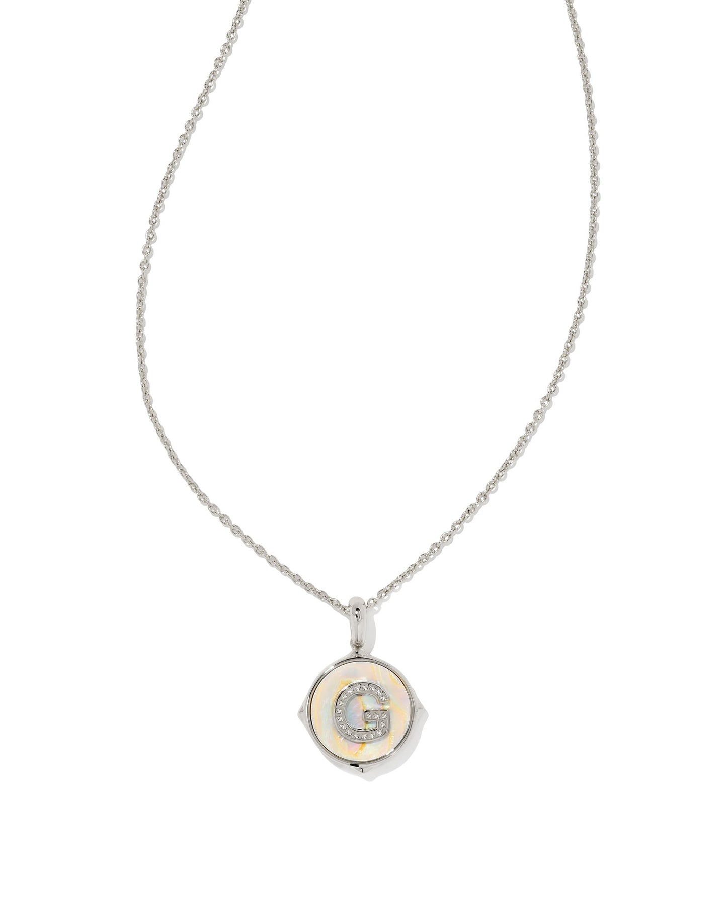 KENDRA SCOTT: Letter Disc Pendant Necklace in Rhodium/Iridescent Abalone