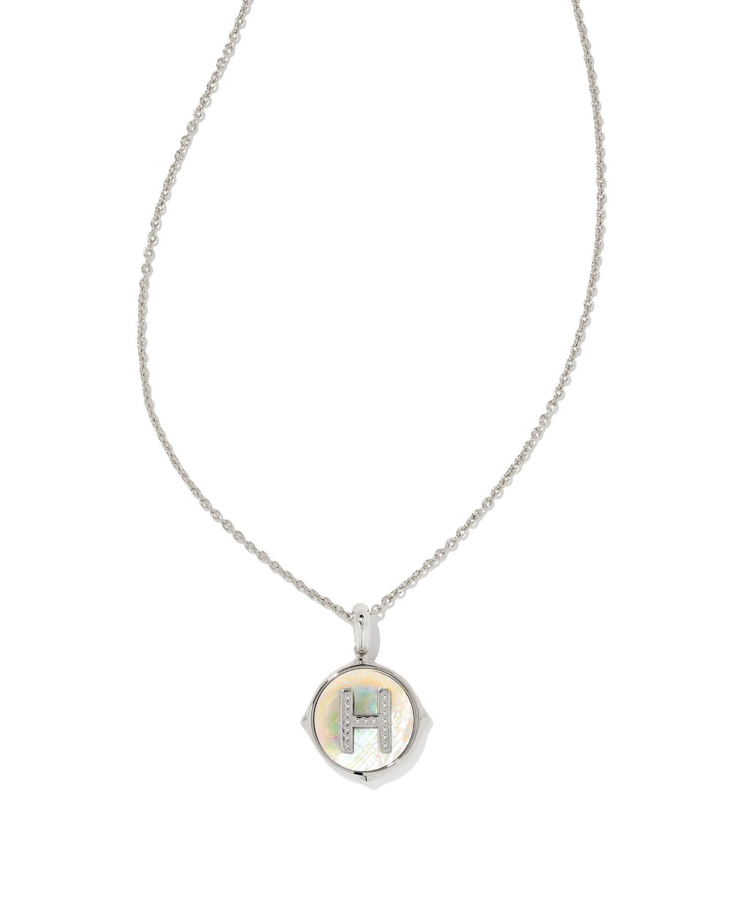 KENDRA SCOTT: Letter Disc Pendant Necklace in Rhodium/Iridescent Abalone