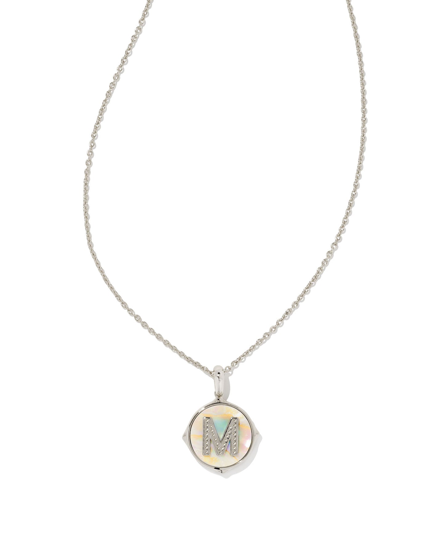 KENDRA SCOTT: Letter Disc Pendant Necklace in Rhodium/Iridescent Abalone