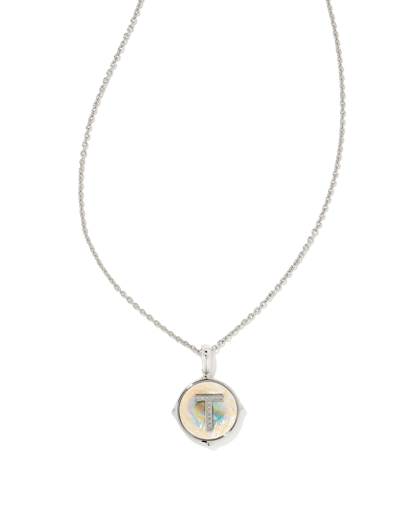 KENDRA SCOTT: Letter Disc Pendant Necklace in Rhodium/Iridescent Abalone