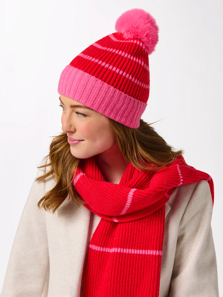 ALLISON POMPOM BEANIE- RED & PINK