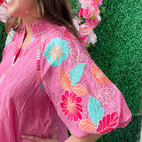 Pink Embroidered Sleeve Top