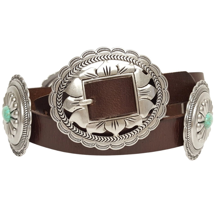 BROWN LEATHER FLORAL STONE CONCHO BELT