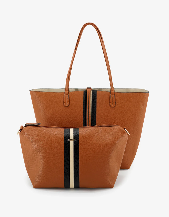 DEPARTURE TOTE: CAMEL & CREAM STRIPE