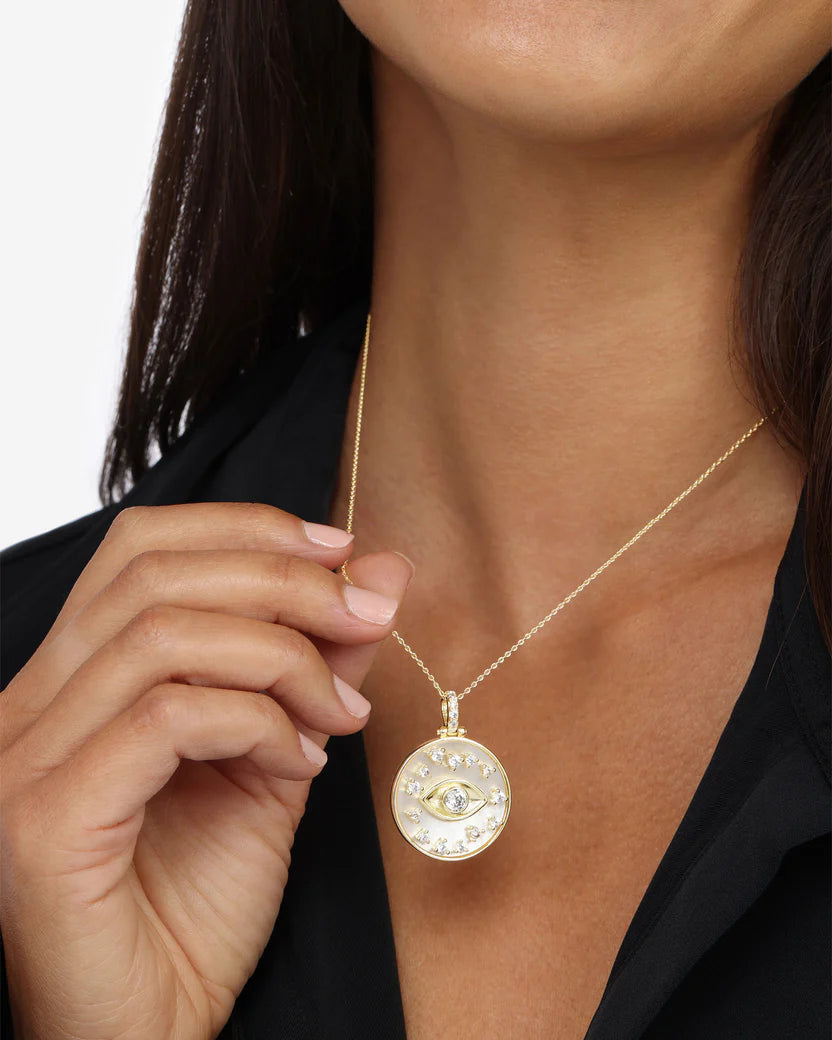 MELINDA MARIA: CHIC GOLD EVIL EYE MEDALLION NECKLACE