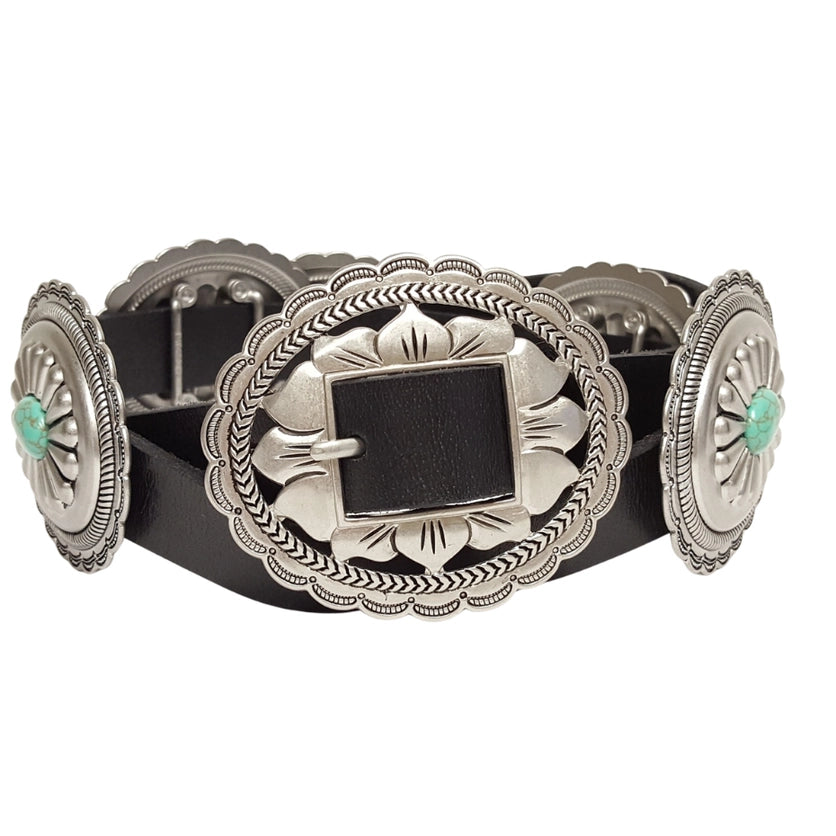 BLACK LEATHER FLORAL STONE CONCHO BELT