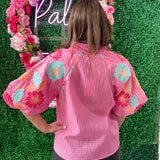 Pink Embroidered Sleeve Top